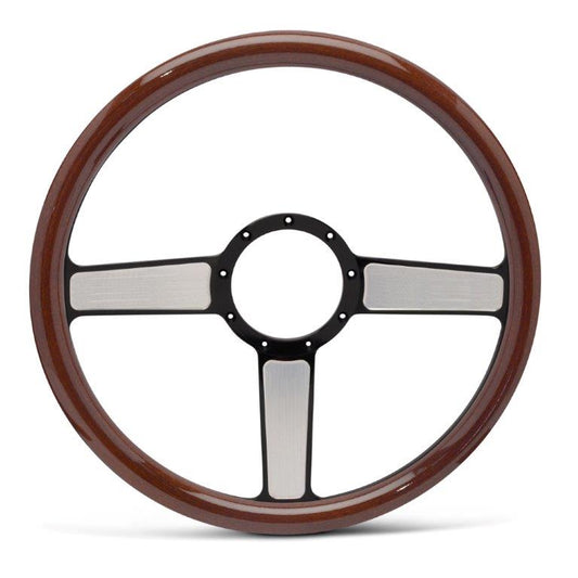 Steering Wheel,Linear style,Aluminum,15 1/2,Half-wrap,Made In USA,Black spokes w/machine highlights,Wood grip