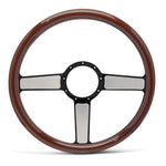 Steering Wheel,Linear style,Aluminum,15 1/2,Half-wrap,Made In USA,Black spokes w/machine highlights,Wood grip