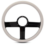 Steering Wheel,G3 style,Aluminum,15 1/2,Half-wrap,Made in the USA,Gloss black anodized spokes,White grip