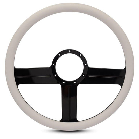 Steering Wheel,G3 style,Aluminum,15 1/2,Half-wrap,Made in the USA,Gloss black anodized spokes,White grip