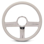 Steering Wheel,G3 style,Aluminum,15 1/2,Half-wrap,Made in the USA,Chrome spokes,White grip