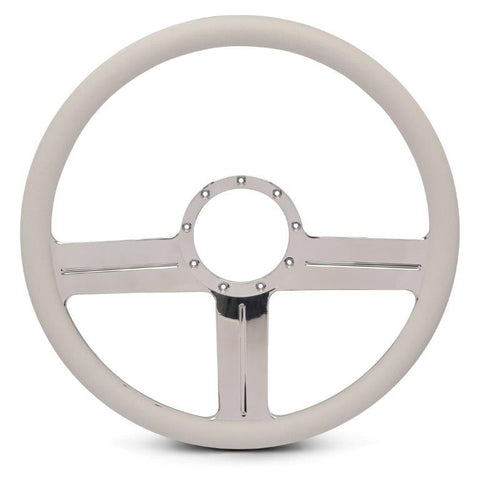 Steering Wheel,G3 style,Aluminum,15 1/2,Half-wrap,Made in the USA,Chrome spokes,White grip