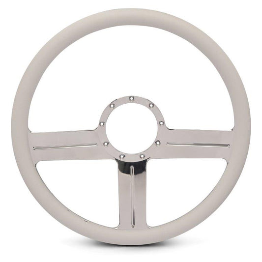 Steering wheel,G3 style,Aluminum,15 1/2,Half-wrap,Made in the USA,Clear Fusioncoat spokes,White grip