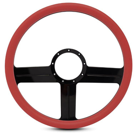 Steering Wheel,G3 style,Aluminum,15 1/2,Half-wrap,Made in the USA,Gloss black anodized spokes,Red grip