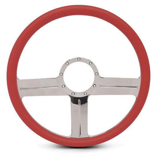 Steering Wheel,G3 style,Aluminum,15 1/2,Half-wrap,Made in the USA,Chrome spokes,Red grip