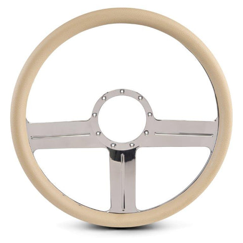 Steering Wheel,G3 style,Aluminum,15 1/2,Half-wrap,Made in the USA,Chrome spokes,Tan grip