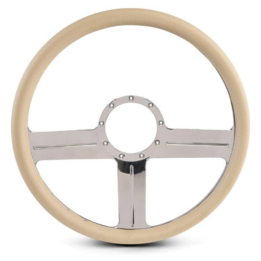 Steering Wheel,G3 style,Aluminum,15 1/2,Half-wrap,Made in the USA,Bright polished spokes,Tan grip