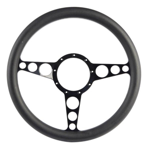 Steering Wheel,Racer style,Aluminum,13 3/4,Half-wrap,Made in the USA,Gloss black anodized spokes,Black grip