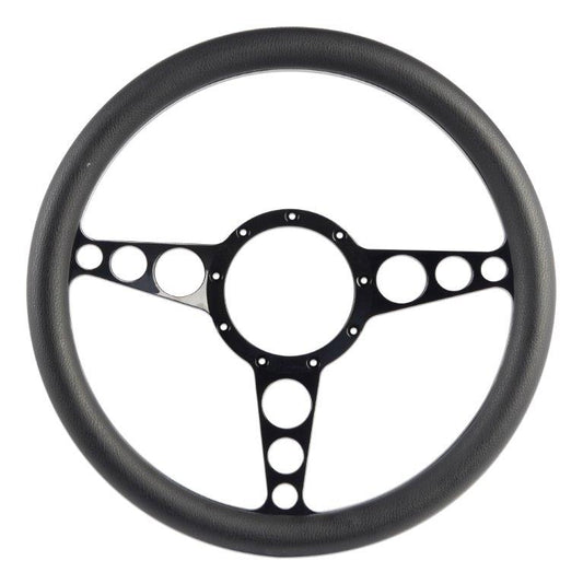 Steering Wheel,Racer style,Aluminum,13 3/4,Half-wrap,Made in the USA,Gloss black Fusioncoat spokes,Black grip