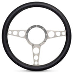 Steering Wheel,Racer style,Aluminum,13 3/4,Half-wrap,Made in the USA,Clear anodized spokes,Black grip