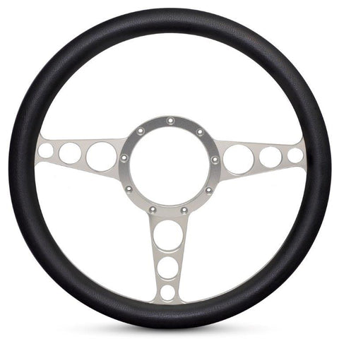 Steering Wheel,Racer style,Aluminum,13 3/4,Half-wrap,Made in the USA,Clear anodized spokes,Black grip