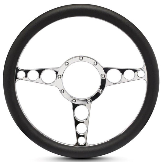 Steering Wheel,Racer style,Aluminum,13 3/4,Half-wrap,Made in the USA,Chrome spokes,Black grip