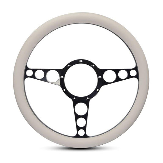 Steering Wheel,Racer style,Aluminum,13 3/4,Half-wrap,Made in the USA,Gloss black anodized spokes,White grip