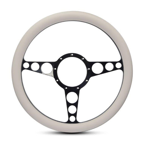 Steering Wheel,Racer style,Aluminum,13 3/4,Half-wrap,Made in the USA,Gloss black Fusioncoat spokes,White grip