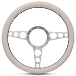 Steering Wheel,Racer style,Aluminum,13 3/4,Half-wrap,Made in the USA,Clear anodized spokes,White grip