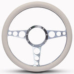 Steering Wheel,Racer style,Aluminum,13 3/4,Half-wrap,Made in the USA,Chrome spokes,White grip