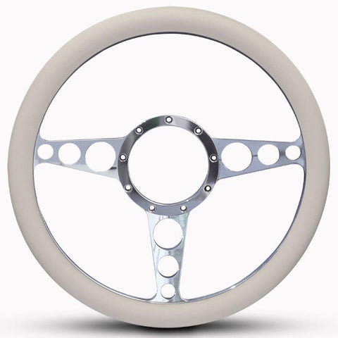 Steering Wheel,Racer style,Aluminum,13 3/4,Half-wrap,Made in the USA,bright clear coat spokes,White grip