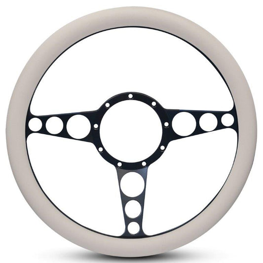 Steering Wheel,Racer style,Aluminum,13 3/4,Half-wrap,Made in the USA,Matte black Fusioncoat spokes,White grip