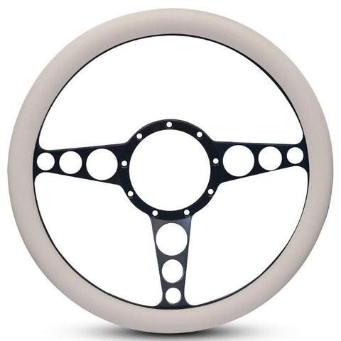 Steering Wheel,Racer style,Aluminum,13 3/4,Half-wrap,Made in the USA,Matte black Fusioncoat spokes,White grip