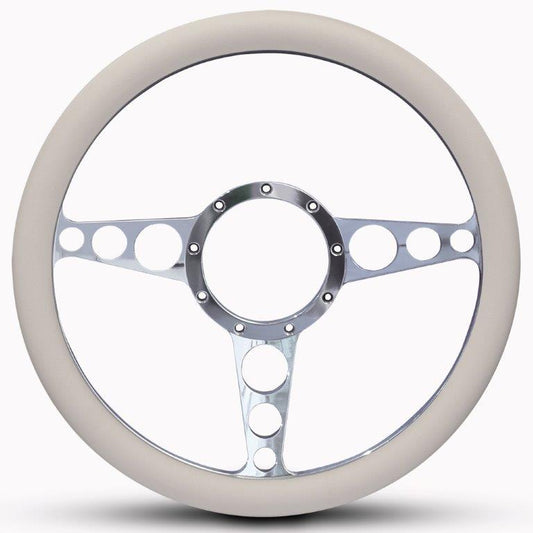 Steering Wheel,Racer style,Aluminum,13 3/4,Half-wrap,Made in the USA,Bright polished spokes,White grip