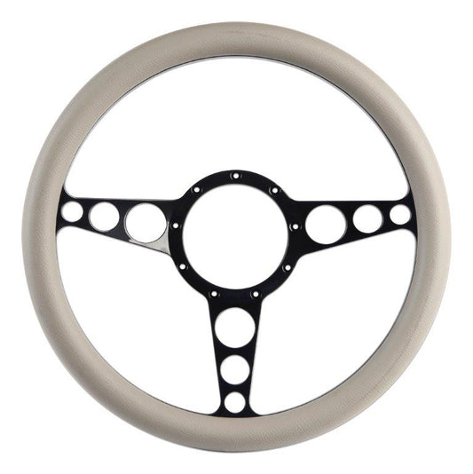 Steering Wheel,Racer style,Aluminum,13 3/4,Half-wrap,Made in the USA,Gloss black anodized spokes,Grey grip