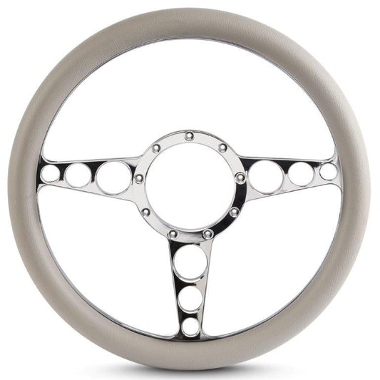 Steering Wheel,Racer style,Aluminum,13 3/4,Half-wrap,Made in the USA,Chrome spokes,Grey grip