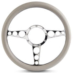 Steering Wheel,Racer style,Aluminum,13 3/4,Half-wrap,Made in the USA,Bright polished spokes,Grey grip