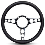 Steering Wheel,Racer style,Aluminum,13 3/4,Half-wrap,Made in the USA,Matte black Fusioncoat spokes,Black grip