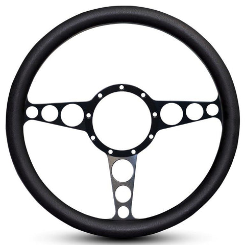 Steering Wheel,Racer style,Aluminum,13 3/4,Half-wrap,Made in the USA,Matte black Fusioncoat spokes,Black grip