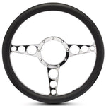 Steering Wheel,Racer style,Aluminum,13 3/4,Half-wrap,Made in the USA,Bright polished spokes,Black grip