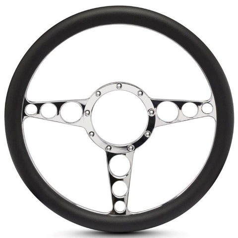 Steering Wheel,Racer style,Aluminum,13 3/4,Half-wrap,Made in the USA,Bright polished spokes,Black grip