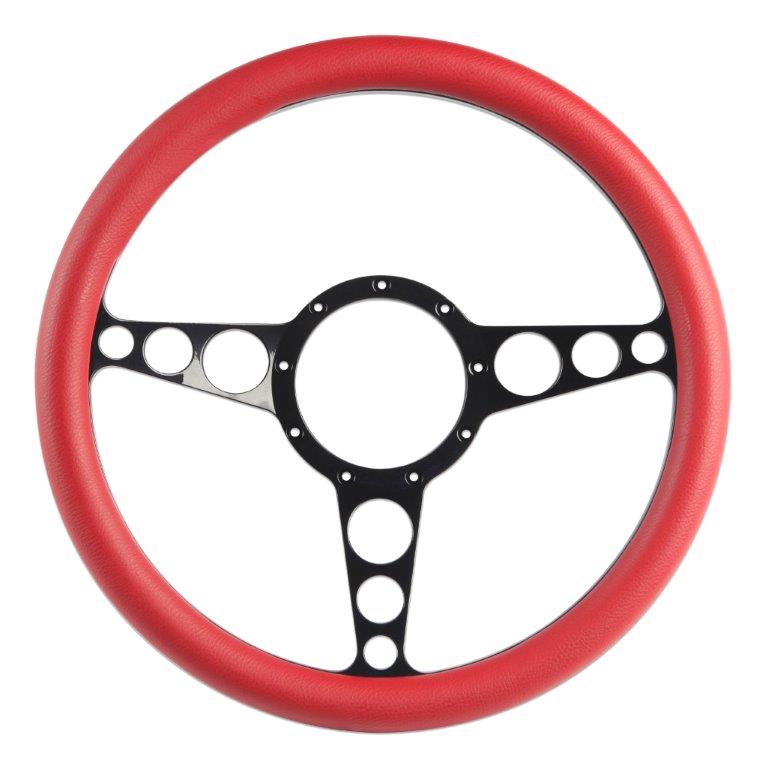 Steering Wheel,Racer style,Aluminum,13 3/4,Half-wrap,Made in the USA,Gloss black anodized spokes,Red grip