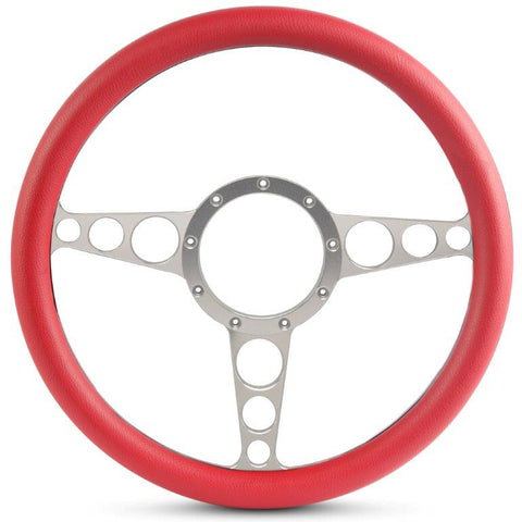 Steering Wheel,Racer style,Aluminum,13 3/4,Half-wrap,Made in the USA,Clear anodized spokes,Red grip