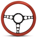 Steering Wheel,Racer style,Aluminum,13 3/4,Half-wrap,Made in the USA,Matte black Fusioncoat spokes,Red grip