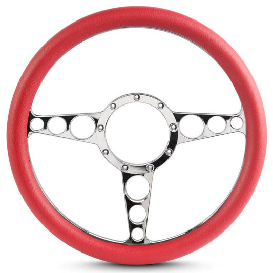 Steering Wheel,Racer style,Aluminum,13 3/4,Half-wrap,Made in the USA,Bright polished spokes,Red grip