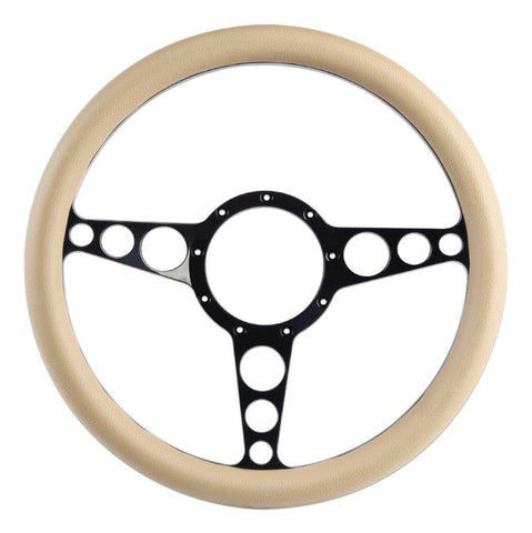 Steering Wheel,Racer style,Aluminum,13 3/4,Half-wrap,Made in the USA,Gloss black anodized spokes,Tan grip