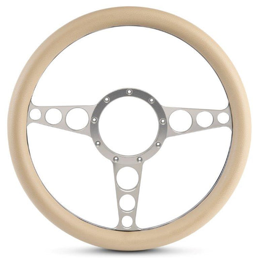 Steering Wheel,Racer style,Aluminum,13 3/4,Half-wrap,Made in the USA,Clear anodized spokes,Tan grip