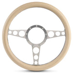 Steering Wheel,Racer style,Aluminum,13 3/4,Half-wrap,Made in the USA,Clear anodized spokes,Tan grip