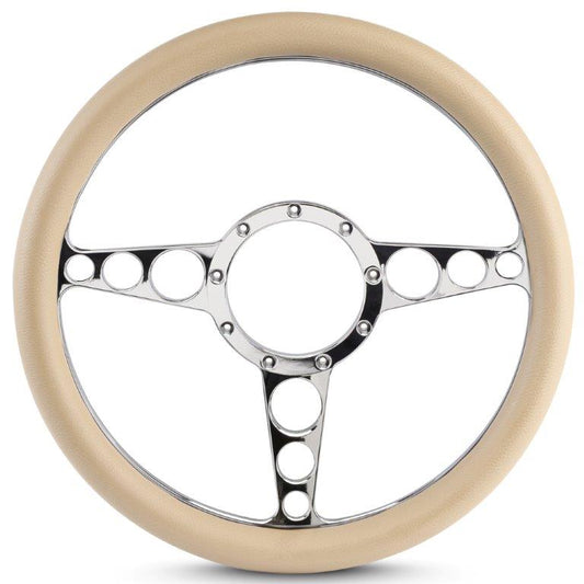 Steering Wheel,Racer style,Aluminum,13 3/4,Half-wrap,Made in the USA,Chrome spokes,Tan grip