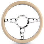 Steering Wheel,Racer style,Aluminum,13 3/4,Half-wrap,Made in the USA,Chrome spokes,Tan grip