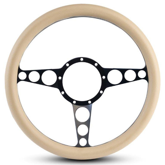 Steering Wheel,Racer style,Aluminum,13 3/4,Half-wrap,Made in the USA,Matte black Fusioncoat spokes,Tan grip