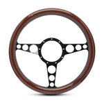 Steering Wheel,Aluminum,13 3/4",Half-wrap,Racer style,Made In USA,Gloss black anodize spokes,Wood grip