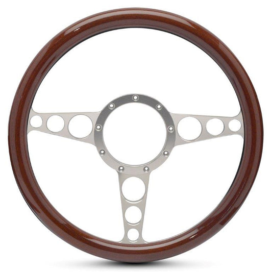 Steering Wheel,Aluminum,13 3/4",Half-wrap,Racer style,Made In USA,Clear anodize spokes,Wood grip