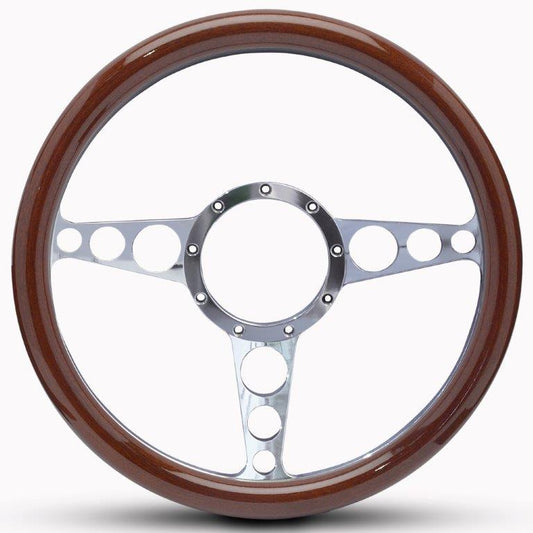 Steering Wheel,Aluminum,13 3/4",Half-wrap,Racer style,Made In USA,Chrome plated spokes,Wood grip