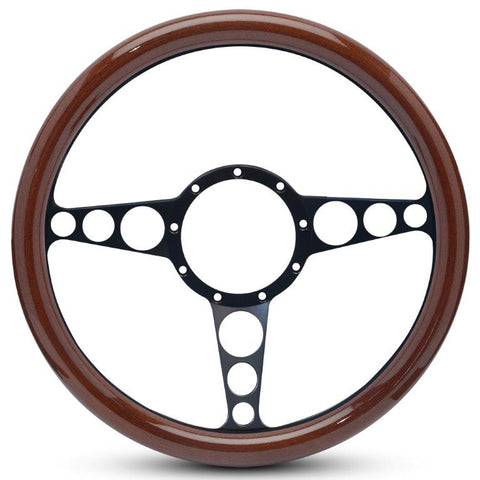 Steering Wheel,Aluminum,13 3/4",Half-wrap,Racer style,Made In USA,Matte black spokes,Wood grip