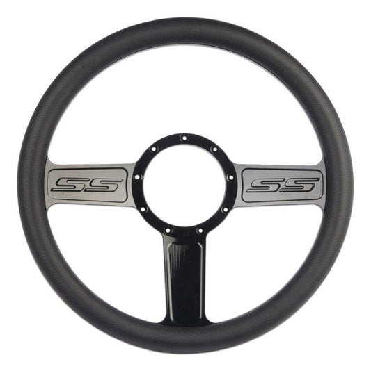 Steering Wheel,SS logo,Aluminum,13 3/4,Half-wrap,Made in the USA,Gloss black anodized spokes,Black grip