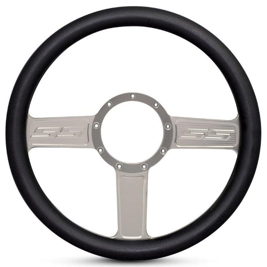 Steering Wheel,SS logo,Aluminum,13 3/4,Half-wrap,Made in the USA,Clear anodized spokes,Black grip