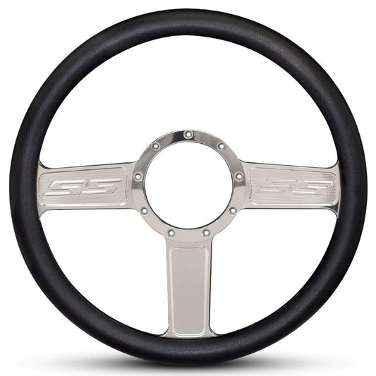 Steering Wheel,SS logo,Aluminum,13 3/4,Half-wrap,Made in the USA,Chrome spokes,Black grip