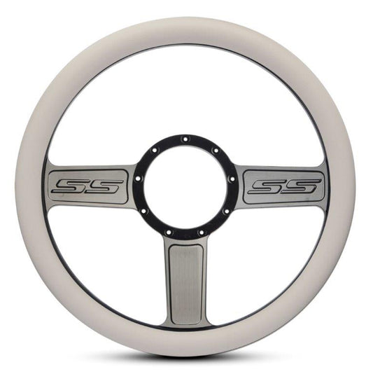 Steering Wheel,SS logo,Aluminum,13 3/4,Half-wrap,Made in the USA,Gloss black anodized spokes,White grip