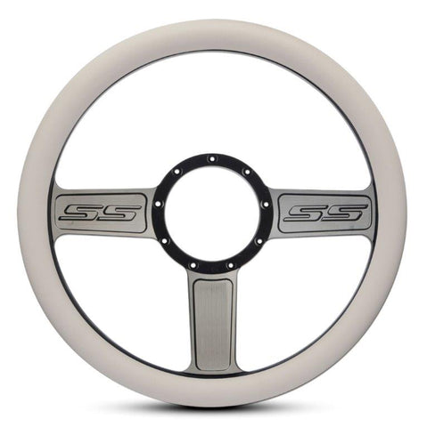 Steering Wheel,SS logo,Aluminum,13 3/4,Half-wrap,Made in the USA,Gloss black Fusioncoat spokes,White grip